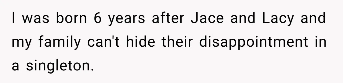 Boy Finally Calls Out Parents For Favoring Twins, They Accuse Him Of Emotional Manipulation I was born 6 years after Jace and Lacy and my family can't hide their disappointment in a singleton.