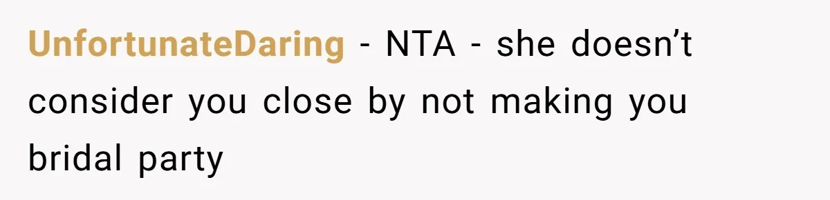 Bride Picks Newer Friends Over Childhood Bestie, Then Gets Mad When She Refuses To Help UnfortunateDaring − NTA - she doesn’t consider you close by not making you bridal party