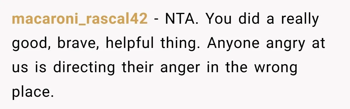 macaroni_rascal42 − NTA. You did a really good, brave, helpful thing. Anyone angry at us is directing their anger in the wrong place.