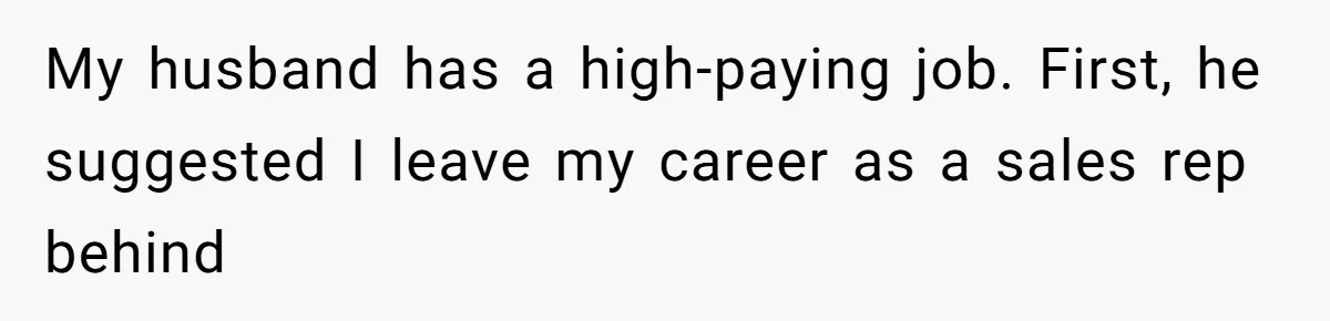 My husband has a high-paying job. First, he suggested I leave my career as a sales rep behind