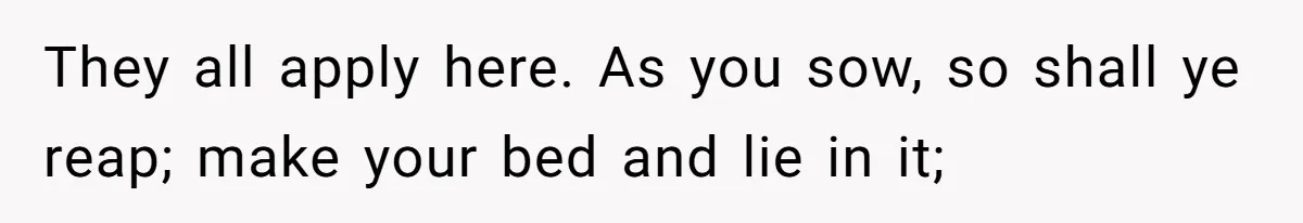 They all apply here. As you sow, so shall ye reap; make your bed and lie in it;