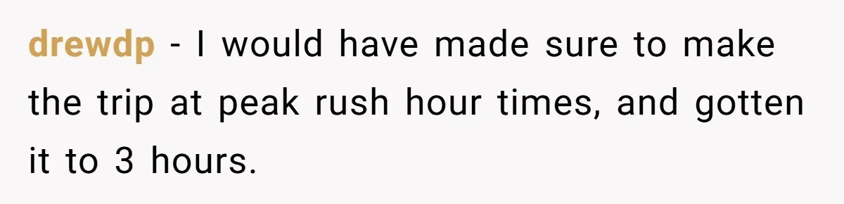 drewdp − I would have made sure to make the trip at peak rush hour times, and gotten it to 3 hours.