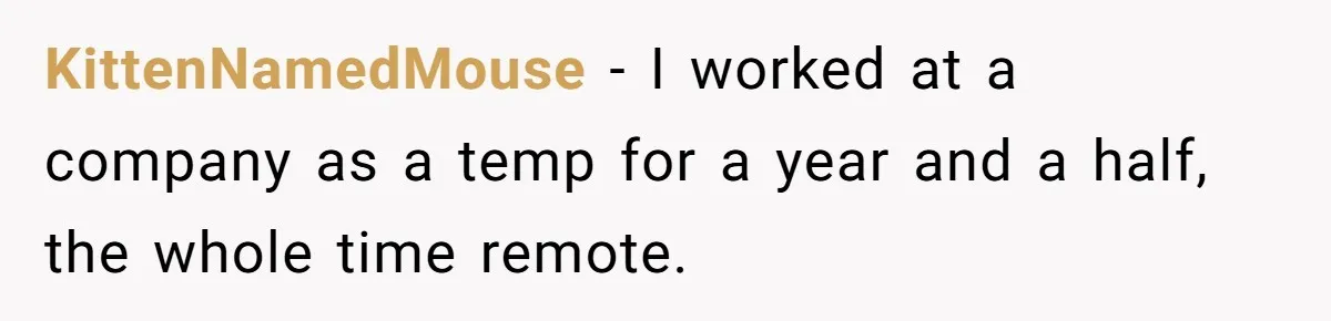 KittenNamedMouse − I worked at a company as a temp for a year and a half, the whole time remote.