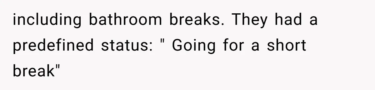 Boss Says “Don’t Disappear,” Employee Sends 9 Bathroom Updates In One Day including bathroom breaks. They had a predefined status: " Going for a short break"