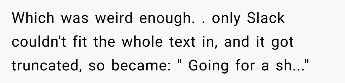 Boss Says “Don’t Disappear,” Employee Sends 9 Bathroom Updates In One Day Which was weird enough. . only Slack couldn't fit the whole text in, and it got truncated, so became: " Going for a sh..."