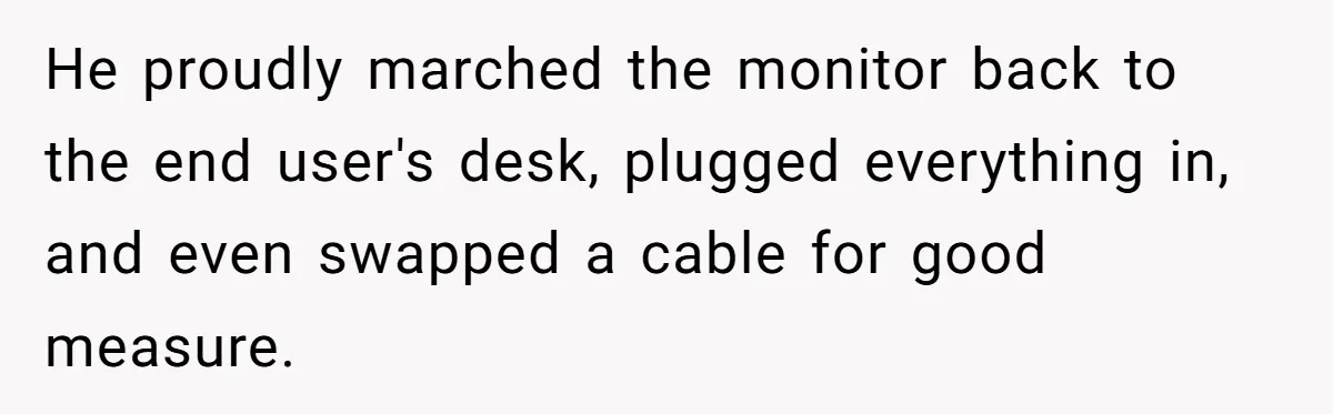 Customer Always “Found” An Error, So They Gave Him One He proudly marched the monitor back to the end user's desk, plugged everything in, and even swapped a cable for good measure.