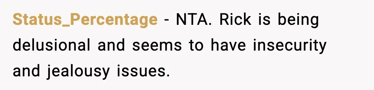 Couple Uninvites Friend From Wedding But Still Wants To Use His Property, He Refuses Status_Percentage − NTA. Rick is being delusional and seems to have insecurity and jealousy issues.
