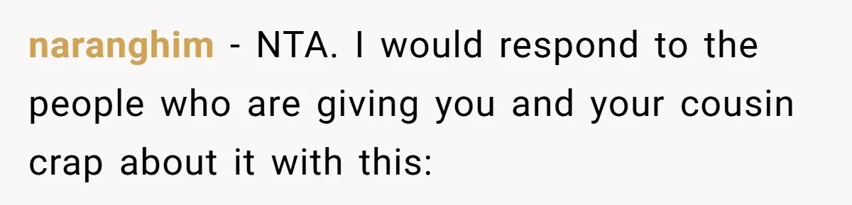 naranghim − NTA. I would respond to the people who are giving you and your cousin crap about it with this: