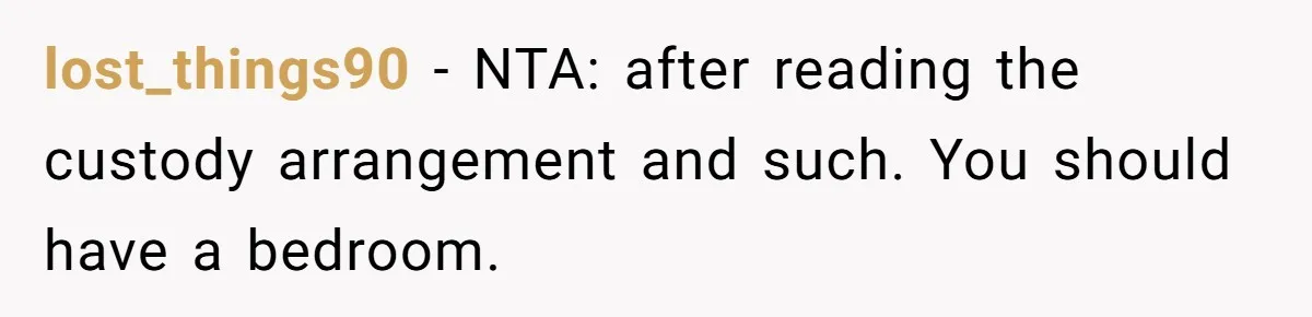 Teen Refuses To Stay After Dad Turns His Bedroom Into Step Mom’s Office lost_things90 − NTA: after reading the custody arrangement and such. You should have a bedroom.
