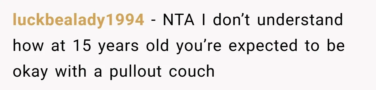 Teen Refuses To Stay After Dad Turns His Bedroom Into Step Mom’s Office luckbealady1994 − NTA I don’t understand how at 15 years old you’re expected to be okay with a pullout couch