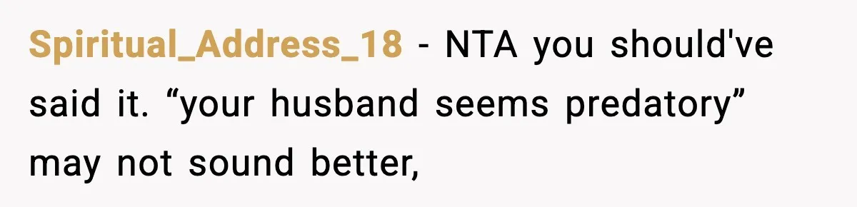 Spiritual_Address_18 − NTA you should've said it. “your husband seems predatory” may not sound better,