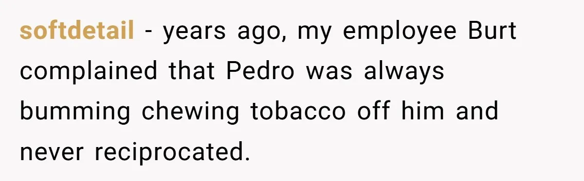 softdetail − years ago, my employee Burt complained that Pedro was always bumming chewing tobacco off him and never reciprocated.