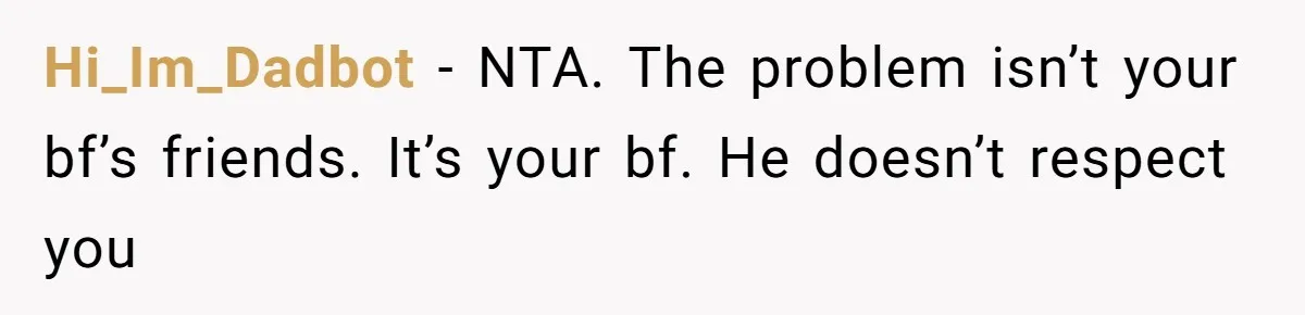 Hi_Im_Dadbot − NTA. The problem isn’t your bf’s friends. It’s your bf. He doesn’t respect you