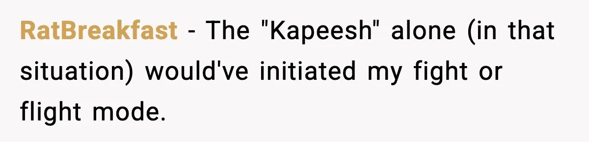 Husband Spends Christmas With Family Who Excluded His Wife, Blames Her For Not Packing His Bags RatBreakfast − The "Kapeesh" alone (in that situation) would've initiated my fight or flight mode.