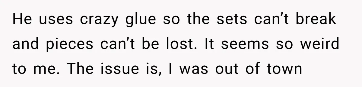 He uses crazy glue so the sets can’t break and pieces can’t be lost. It seems so weird to me. The issue is, I was out of town