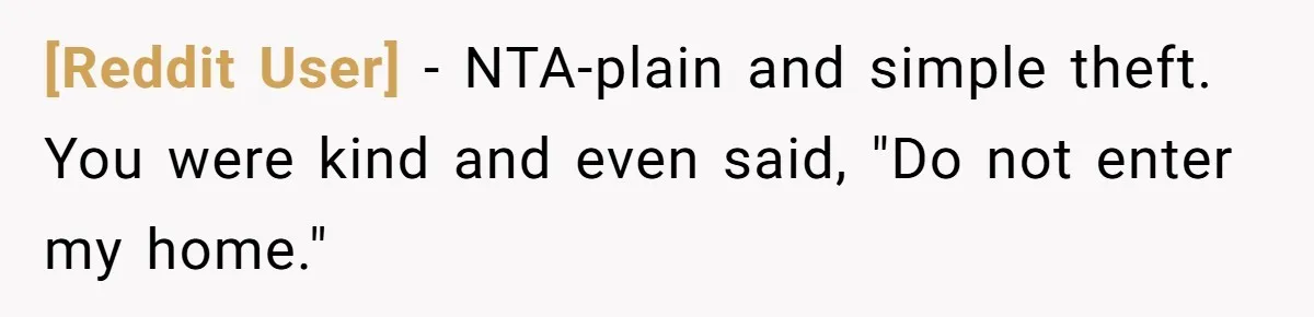 [Reddit User] − NTA-plain and simple theft. You were kind and even said, "Do not enter my home."