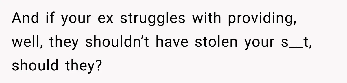 And if your ex struggles with providing, well, they shouldn’t have stolen your s__t, should they?