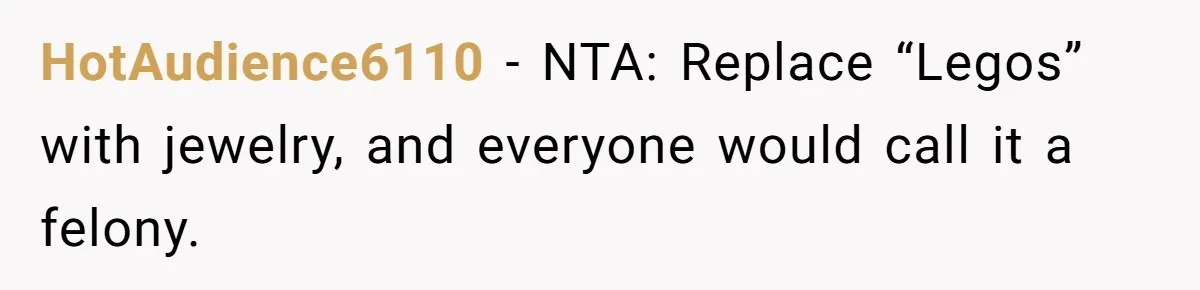 HotAudience6110 − NTA: Replace “Legos” with jewelry, and everyone would call it a felony.