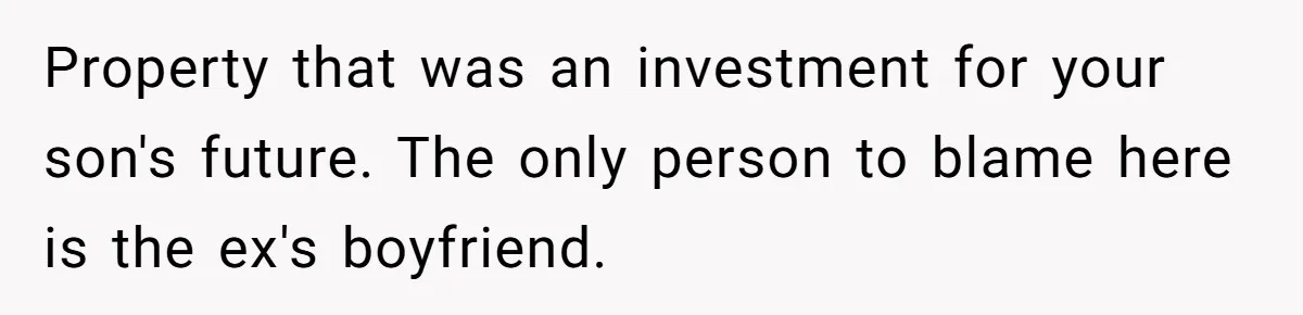 Property that was an investment for your son's future. The only person to blame here is the ex's boyfriend.