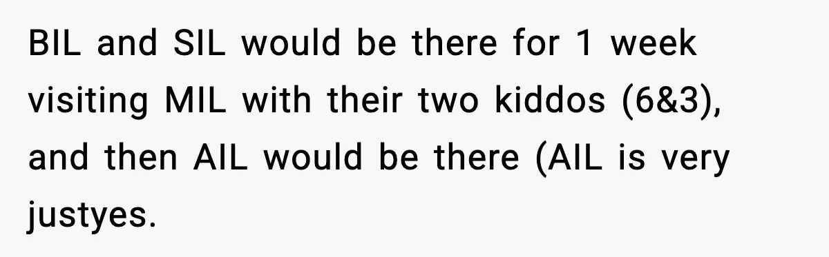BIL and SIL would be there for 1 week visiting MIL with their two kiddos (6&3), and then AIL would be there (AIL is very justyes.
