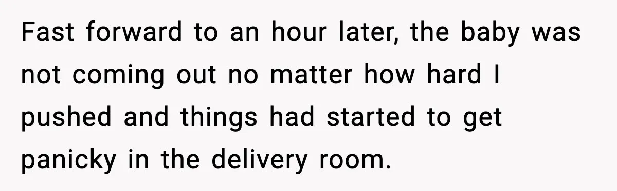 Fast forward to an hour later, the baby was not coming out no matter how hard I pushed and things had started to get panicky in the delivery room.