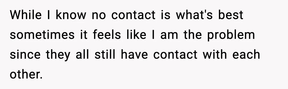 Sister Keeps Downplaying Bride’s Second Wedding, Gets Shut Out Of Shower While I know no contact is what's best sometimes it feels like I am the problem since they all still have contact with each other.