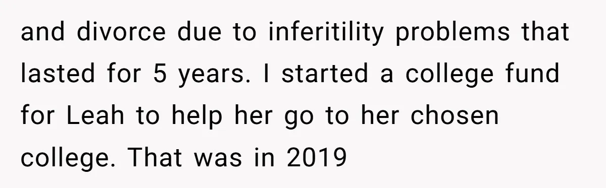 and divorce due to inferitility problems that lasted for 5 years. I started a college fund for Leah to help her go to her chosen college. That was in 2019
