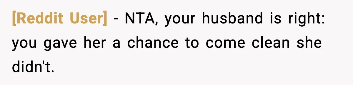[Reddit User] − NTA, your husband is right: you gave her a chance to come clean she didn't.