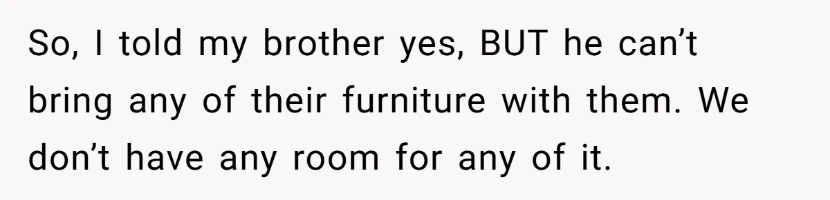 New Mom Lets Brother Move In, He Tries to Evict Her Baby From His Own Room So, I told my brother yes, BUT he can’t bring any of their furniture with them. We don’t have any room for any of it.
