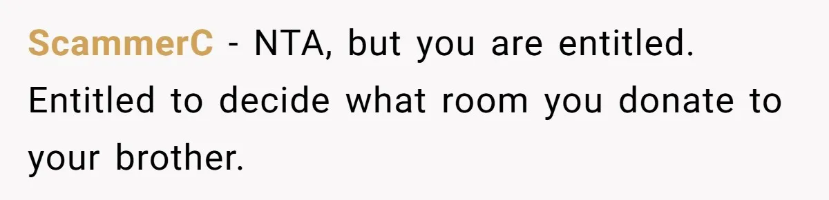 New Mom Lets Brother Move In, He Tries to Evict Her Baby From His Own Room ScammerC − NTA, but you are entitled. Entitled to decide what room you donate to your brother.