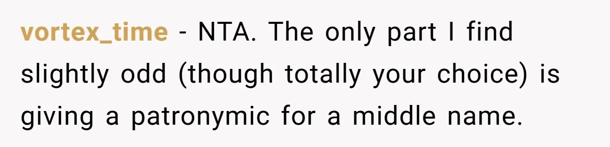 vortex_time − NTA. The only part I find slightly odd (though totally your choice) is giving a patronymic for a middle name.