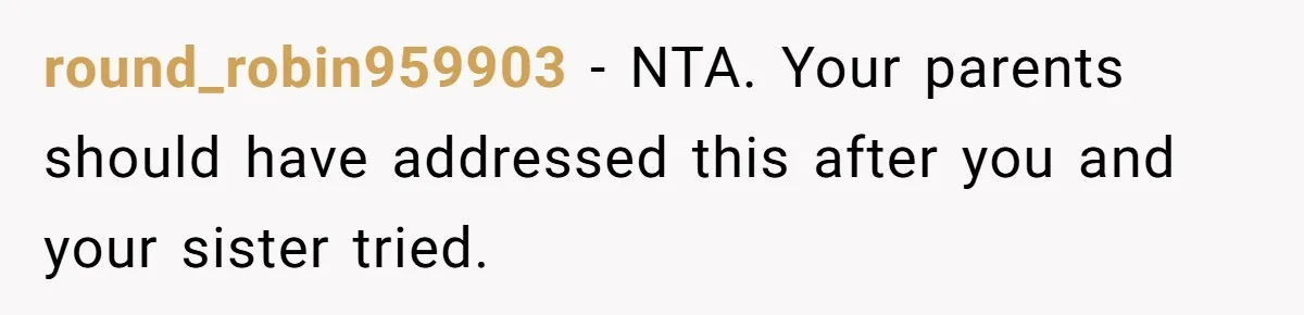 round_robin959903 − NTA. Your parents should have addressed this after you and your sister tried.