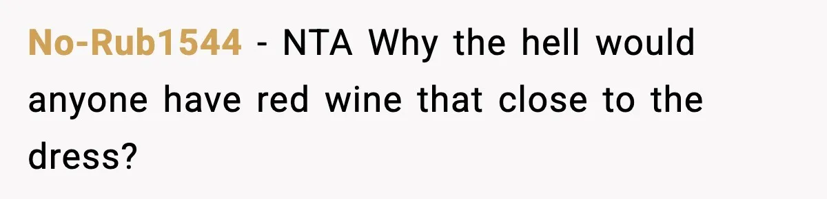 Bride Kicks Bridesmaid Out After She Spills Red Wine On Her Late Mother’s Wedding Dress No-Rub1544 − NTA Why the hell would anyone have red wine that close to the dress?