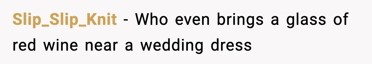 Bride Kicks Bridesmaid Out After She Spills Red Wine On Her Late Mother’s Wedding Dress Slip_Slip_Knit − Who even brings a glass of red wine near a wedding dress
