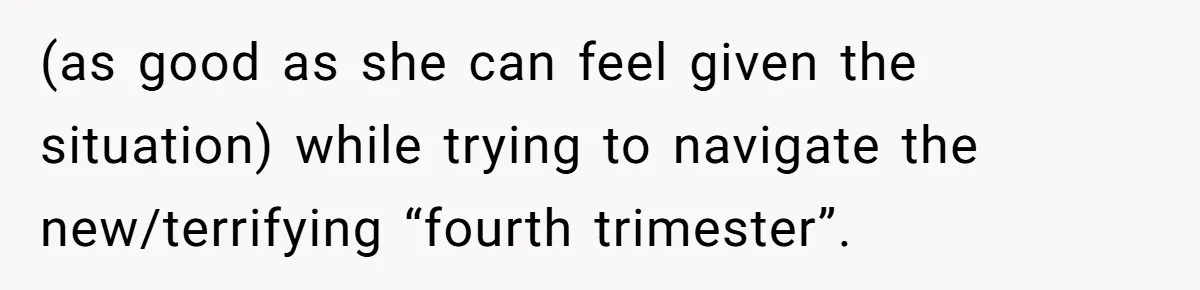 (as good as she can feel given the situation) while trying to navigate the new/terrifying “fourth trimester”.