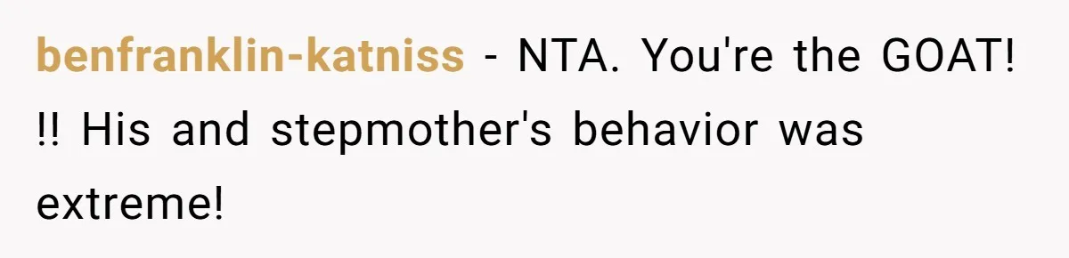benfranklin-katniss − NTA. You're the GOAT! !! His and stepmother's behavior was extreme!