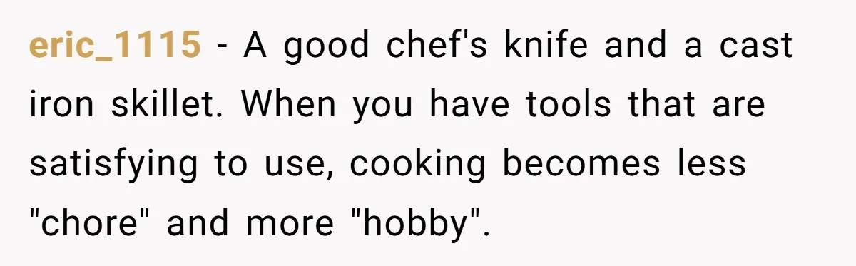 Small Buys, Big Shifts: Life Upgrades Hiding In Plain Sight For Less Than $100 eric_1115 − A good chef's knife and a cast iron skillet. When you have tools that are satisfying to use, cooking becomes less "chore" and more "hobby".