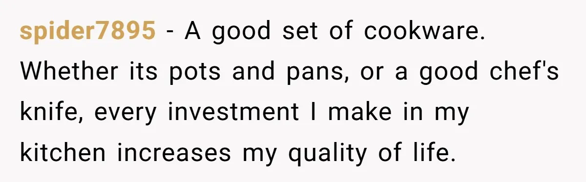 Small Buys, Big Shifts: Life Upgrades Hiding In Plain Sight For Less Than $100 spider7895 − A good set of cookware. Whether its pots and pans, or a good chef's knife, every investment I make in my kitchen increases my quality of life.