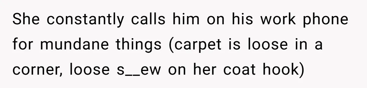 She constantly calls him on his work phone for mundane things (carpet is loose in a corner, loose s__ew on her coat hook)