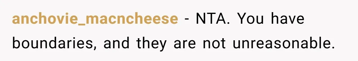 anchovie_macncheese − NTA. You have boundaries, and they are not unreasonable.