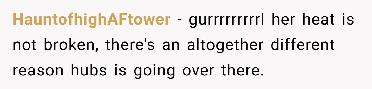 HauntofhighAFtower − gurrrrrrrrrl her heat is not broken, there's an altogether different reason hubs is going over there.