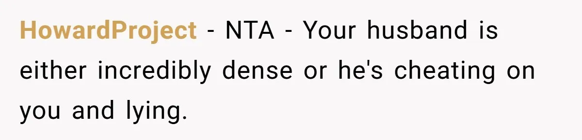 HowardProject − NTA - Your husband is either incredibly dense or he's cheating on you and lying.