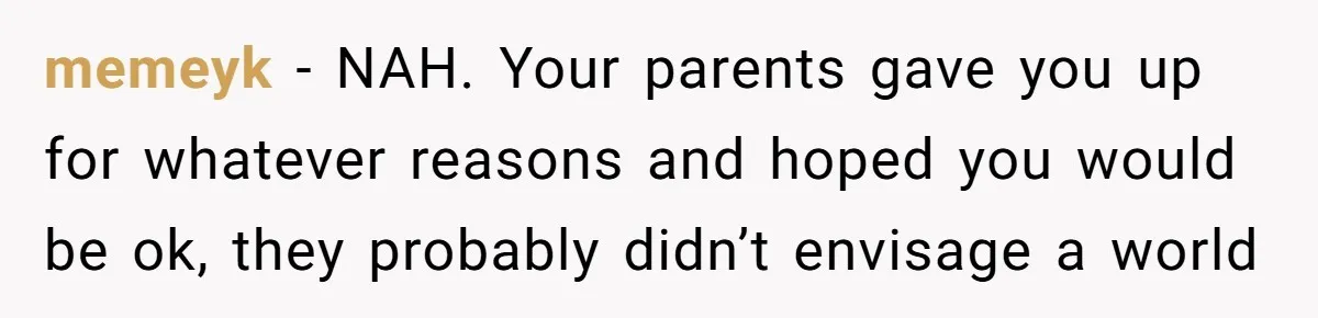 memeyk − NAH. Your parents gave you up for whatever reasons and hoped you would be ok, they probably didn’t envisage a world