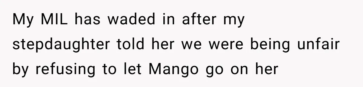 My MIL has waded in after my stepdaughter told her we were being unfair by refusing to let Mango go on her