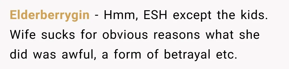 Father Forced His Wife To Confess To Spying On Their Kids’ Therapy Sessions Elderberrygin − Hmm, ESH except the kids. Wife sucks for obvious reasons what she did was awful, a form of betrayal etc.