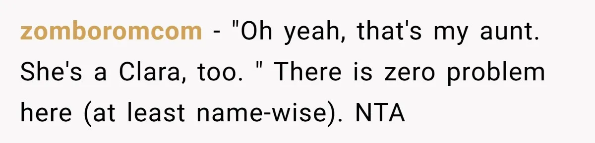 zomboromcom − "Oh yeah, that's my aunt. She's a Clara, too. " There is zero problem here (at least name-wise). NTA