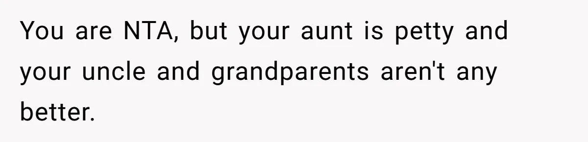Man Refuses To Play Along After Family Says Kids Don’t Deserve An Adult Seat You are NTA, but your aunt is petty and your uncle and grandparents aren't any better.
