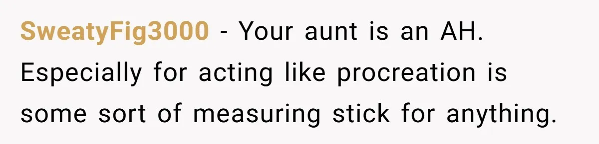 Man Refuses To Play Along After Family Says Kids Don’t Deserve An Adult Seat SweatyFig3000 − Your aunt is an AH. Especially for acting like procreation is some sort of measuring stick for anything.