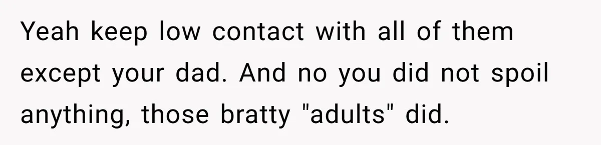Man Refuses To Play Along After Family Says Kids Don’t Deserve An Adult Seat Yeah keep low contact with all of them except your dad. And no you did not spoil anything, those bratty "adults" did.