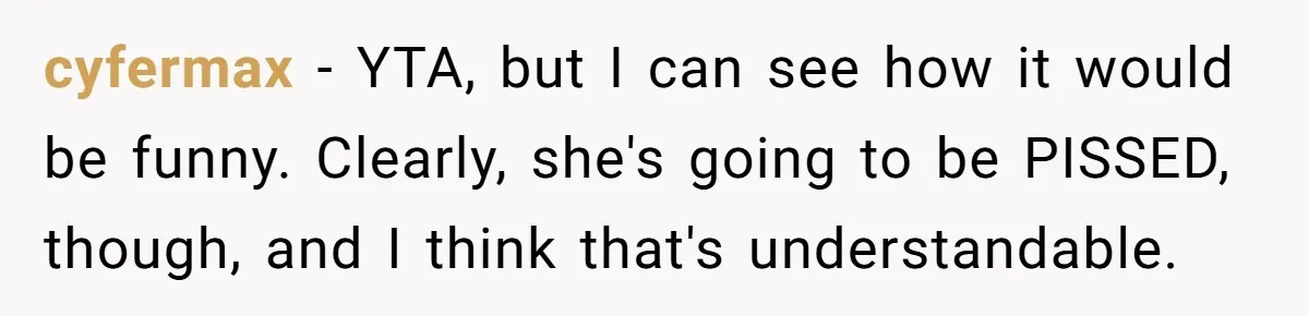 cyfermax − YTA, but I can see how it would be funny. Clearly, she's going to be PISSED, though, and I think that's understandable.